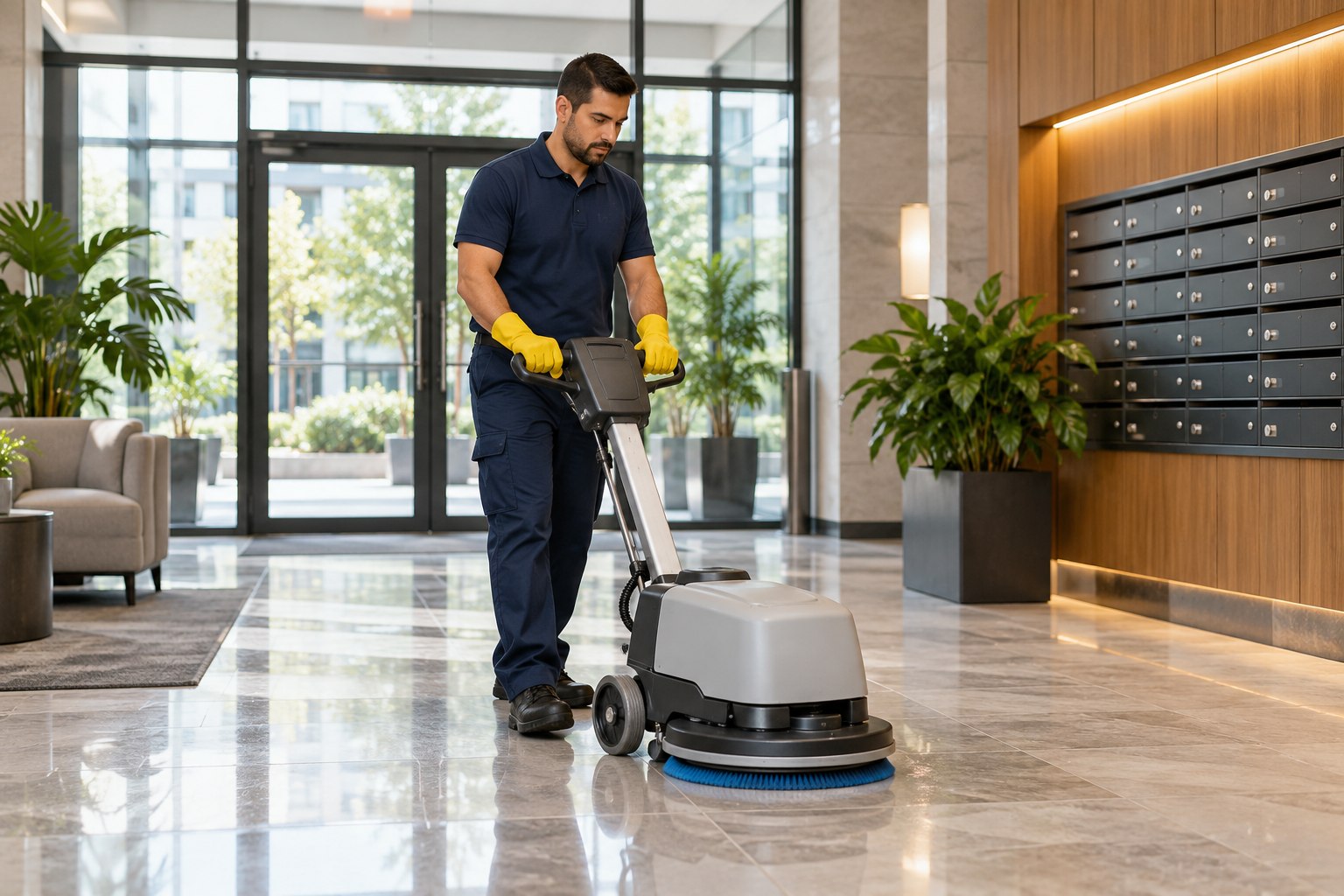 Professional cleaner operating a floor cleaning machine in a building lobby