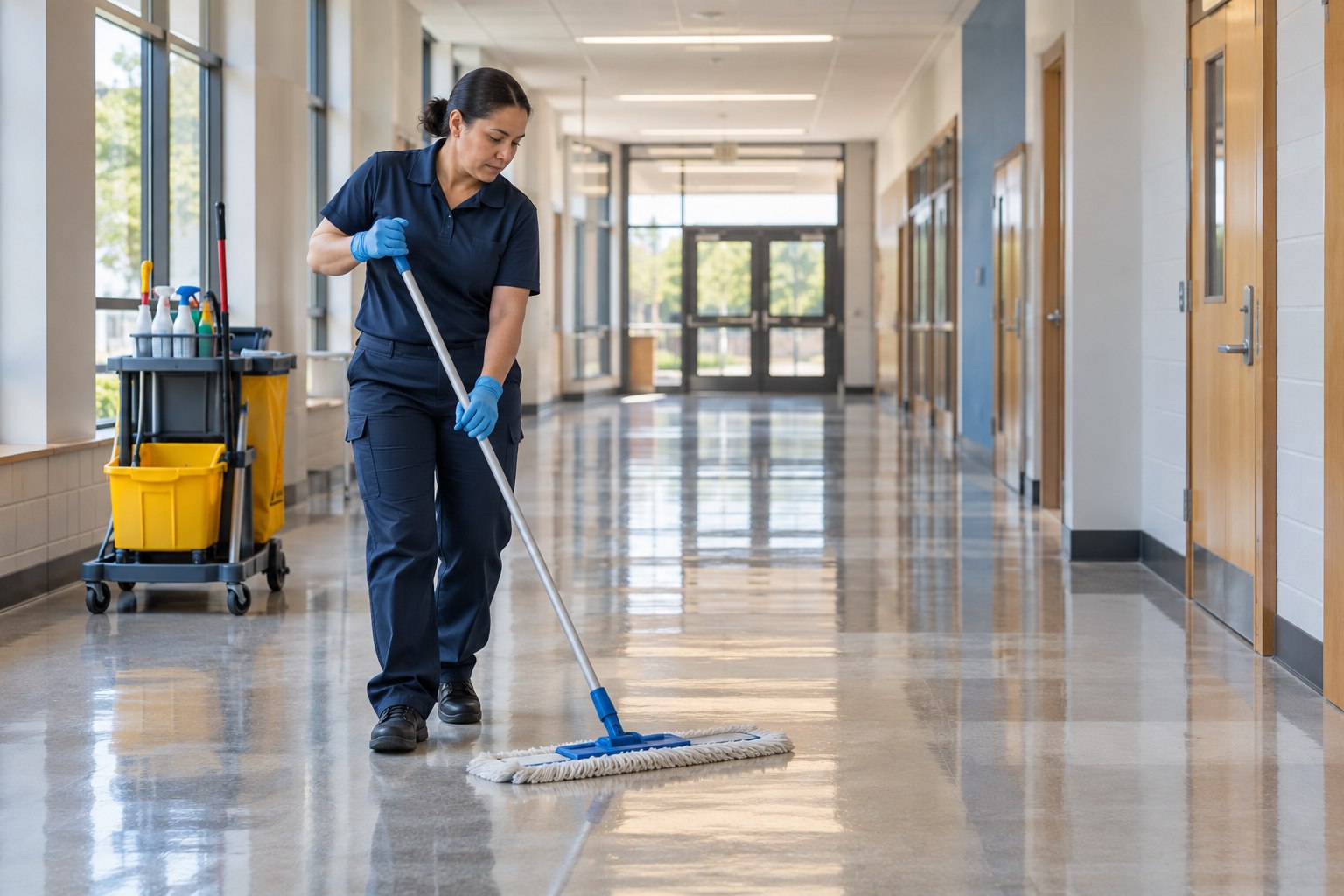 Professional cleaner mopping a school and community building corridor