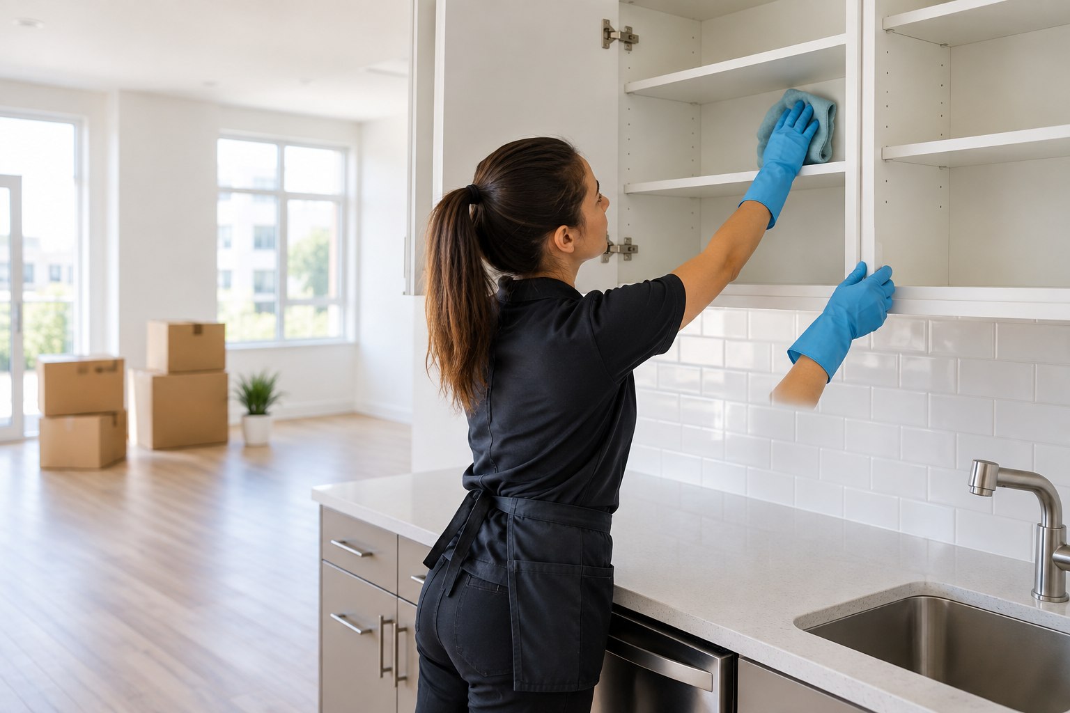 Cleaner wiping inside empty kitchen cabinets while preparing an apartment for a move