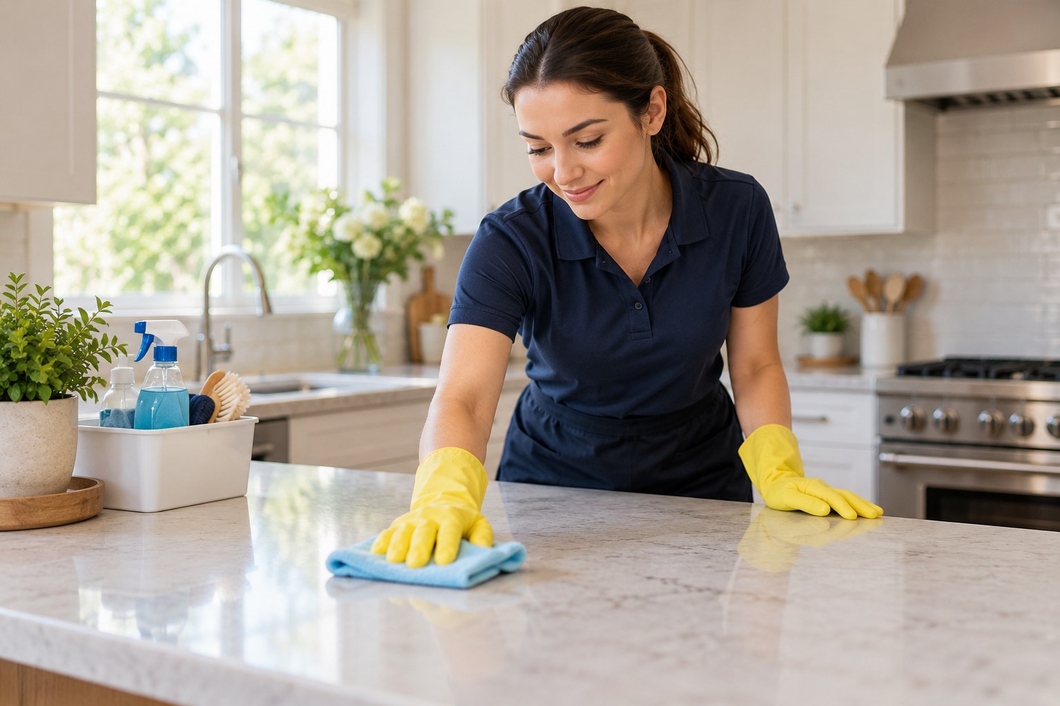Professional cleaner wiping a kitchen countertop during standard home cleaning